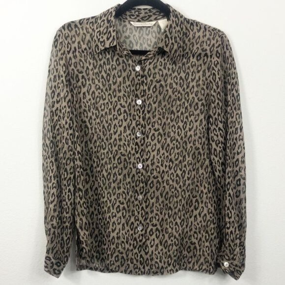 French Laundry 100% Silk Cheetah Leopard Blouse Small Button-Up Long Sleeve - Picture 2 of 8